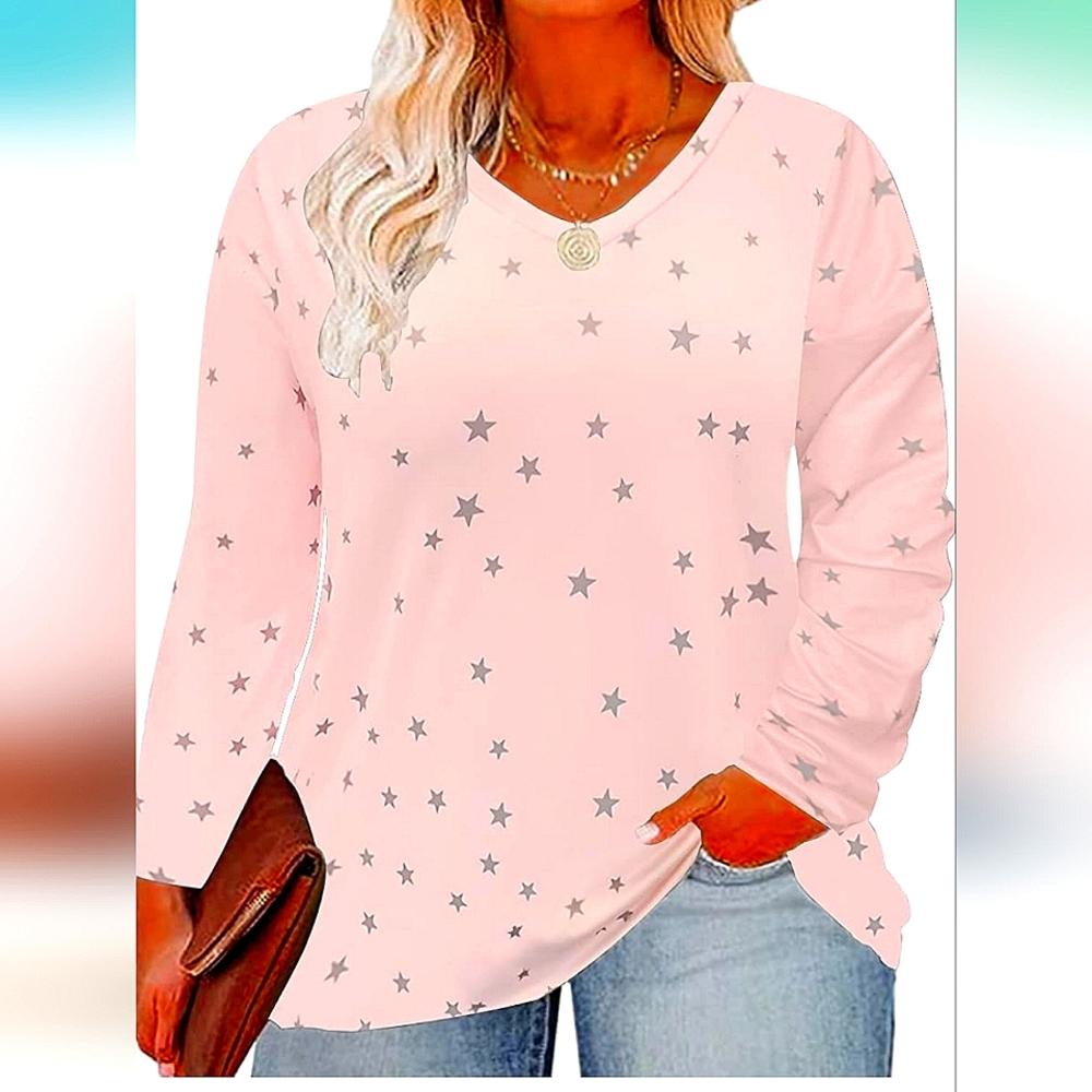 5X Fits Like A 4X pink with stars long sleeve top with v- neck lightweight.